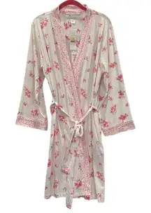 Carole Hochman Mixed Floral Robe Wrap NEW White Pink Medium Cotton Pockets