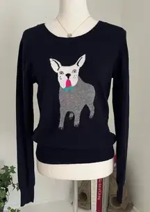 J Crew Navy Pullover with Adorable Frenchie  SZ S Preppy Quirky  Dog Lover 🐶