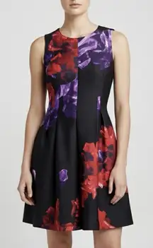 Calvin Klein Purple Red Floral Sleeveless  Pleated Scuba Fit Flare Dress Size 6
