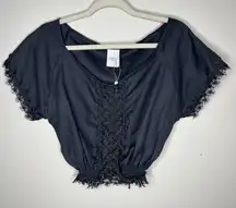 Peixoto Womens Size S Black Lace‎ Trim V-Neck Cropped Babydoll Top