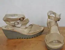 Fly London Gold Strappy Leather Wedge Sandals Size EU 38