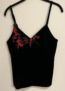Black Velvet Cami Tank Red Floral Lace Accent Delicates Medium Whimsigoth Sexy