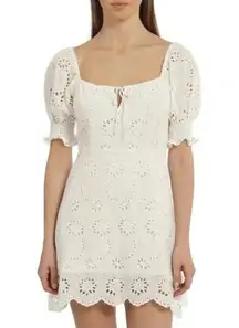 7 For All Mankind White Eyelet Lace Puff Sleeve Babydoll Mini Dress size Medium