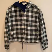 Reversible Oversized Green Navy Blue Plaid Tartan Hooded Bomber Jacket Size M