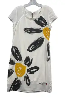 Desigual Women's White Black Yellow Daisy Print Short Sleeve Sheer Dress M
