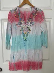 Sundance boho embroidered beaded sequin pastel long sleeve dress M