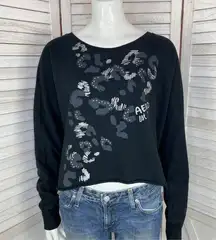 Aeropostale  Cropped Cut Off Wide Fit Sweatshirt Black Large Rhinestone Cheetah