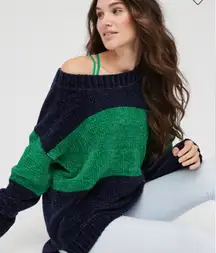 Offline by aerie Navy Blue & Green Long Sleeve Crewneck Chenille‎ Sweater Sz L
