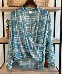 CAbi Windowpane Wrap Blouse Plaid Surplice Wrap Satin Style 3068, XS
