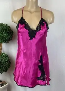 Frederick’s of Hollywood Pink & Black Satin & Lace Short Sleep Dress XS NEW