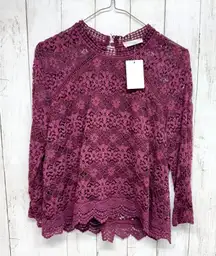 Sophie Rue Shirt Women Size Large Burgundy Lace Trim Detail Long Sleeve Blouse