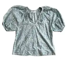 House of Harlow 1960 Blue White Martine Seafoam Print Boho Puff Sleeve