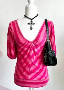 Pink Striped Y2K Top, Barbiecore, Coquette, 2000s,‎ Bimbo, Retro, Small, Girly