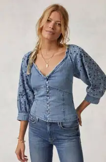 PILCRO  Denim Chambray Embroidered V-Neck Button Top- Size Small