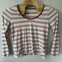 Pact Shirt Women's Large Ivory Green‎ Red Round Neck Long Sleeve Striped Organic