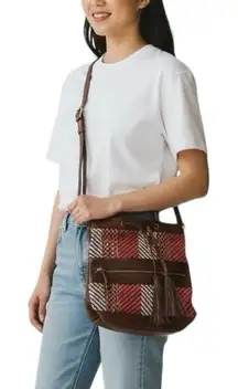 Elliott Lucca Woven Leather Tassel Crossbody Bucket Bag Brown Red White Boho