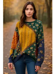 Boho Patchwork Oversized Sweater Multicolor Floral Print Wool Blend Size M