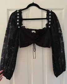 For Love & Lemons Lafayette Cinched Puff Sleeve Cropped Top with Pearl & Rhinestone Flowers