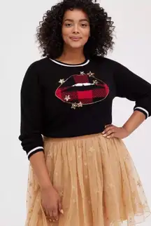 TORRID Sweater Plaid Lips Black Maroon Red Gold Sequins Stars
