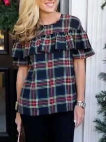 J Crew Edie Stewart Tartan Plaid Ruffle Top Festive Blouse C28