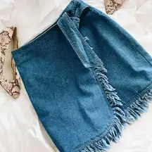 Denim Wrap Skirt Fringe