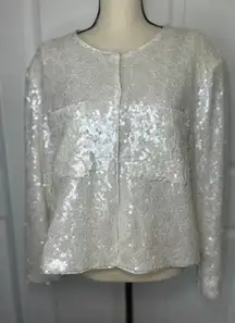 H&M White Sequin Embellished Pocket Button Up Long Sleeve Blazer Blouse XXL