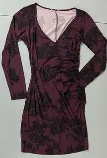 Dark Purple Floral Lace Print Long Sleeve Ruched Bodycon Midi Dress Size M 🖤