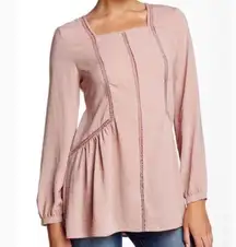 RO & DE Mauve Pink Long Bishop Sleeve Embroidered Inset Blouse Top Size XS