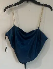 Women’s size XL Blue Satin Cowl Neck crop Top Gold Chain strap party tank light