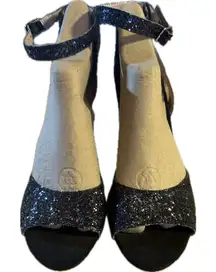 Betsy Johnson Women's‎ Black Glitter Platform Block Heel Sandals Size 8 1/2