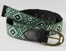 Free People Woven Geometric Belt Green & Black Leather Cotton XL/LG