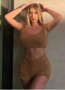 SKIMS Cozy Knit High Rise Lounge Shorts In Camel Brown