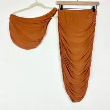 House of Harlow Mesh Ruched Midi Skirt Cropped Top 2 pc Set Size XS Copper Brown
