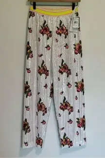 NWT Anna Sui White Sequin Floral Embroidered Pull On Pants Size P