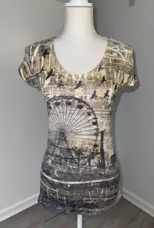 Fair Oaks Ferris Wheel Graphic Tee Sepia Cityscape Beaded Top Women’s M USA