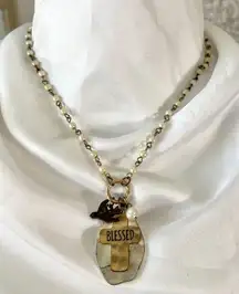 Vintage Dainty Silver Gold Toned Beaded Pearl Cross Charm Religious Necklace