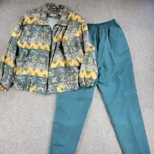 VINTAGE Otello Pelle Silk Track Suit M Green Yellow Print Shoulder Pads 80s