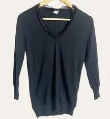 J.Crew Black Silk Ruffle V-Neck 3/4 Sleeve Knit Pullover Sweater Size S