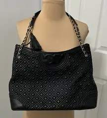 Tory Burch Fleming Black Leather Quilted Tote Bag