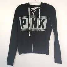 Victoria Secret Pink Hoodie Womens Small Black Graphic Print Full Zip Sweatshirt