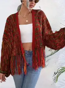 SHEIN Women Colorful Fringe Open Red Hand Woven Knit Cardigan Sz 14 Festive Boho