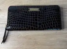 Cole Haan Wallet Black Brown Croc Embossed Patent Leather Zip Around Vintage