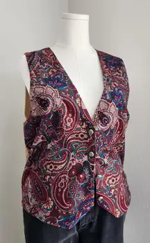 Vintage 90s Y2K Red Blue Paisley Button Down Tapestry Vest Sleeveless Waistcoat