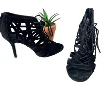 Gray Saks Fifth Y2K Caged Suede Heel Womens Shoes Sz 7 Black Clubwear Date Edgy