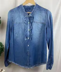 Splendid Blue Chambray Denim Long Sleeve Ruffle Trim Blouse Top NEW M