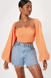 Nasty Gal Top 0 NWT Shirred Long Sleeve Crop Top Tangerine