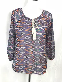 Veronica M Zig Zag Pattern Blouse Tassel Colorful Sheer Top Women's Size‎ S