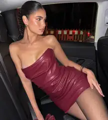 Nookie Burgundy Red Faux Leather Strapless Mini Dress Large Cocktail