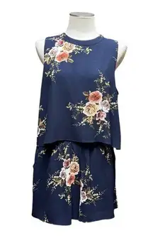 Umgee Floral Sleeveless Romper Shorts Blue Pink Large