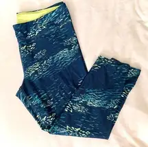 NAVY BLUE NEON GREEN PRINT PATTERNED CAPRI WORKOUT LEGGINGS — LARGE — LIKE NEW!